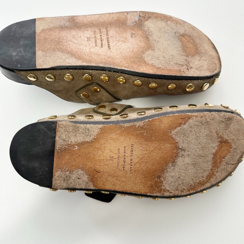 Isabel Marant Womens Suede Studded Mules Slip On Size 36 Olive Buckle Hardware - Picture 4 of 7
